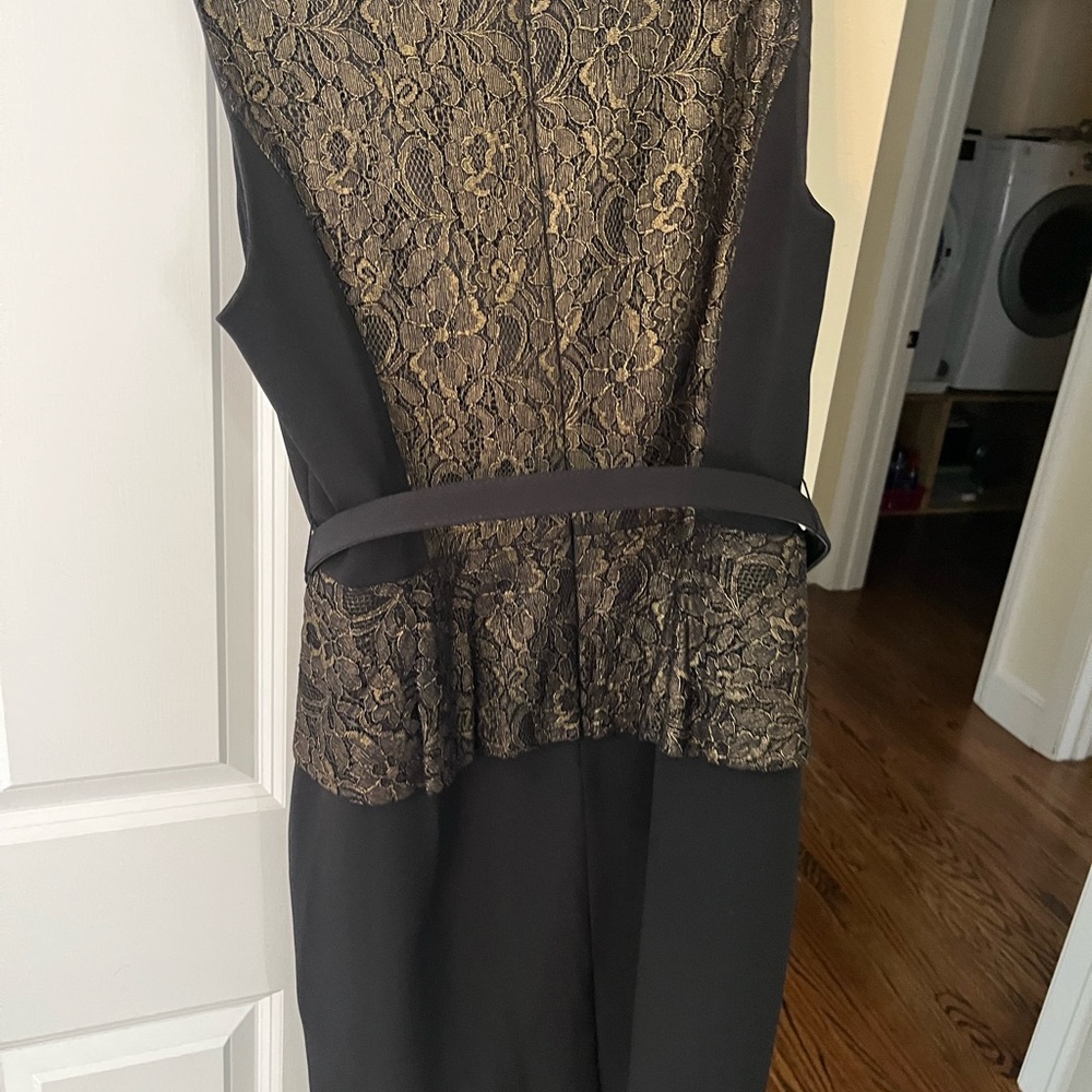 Black and gold lace trimmed dress with belt. - Picture 4 of 5